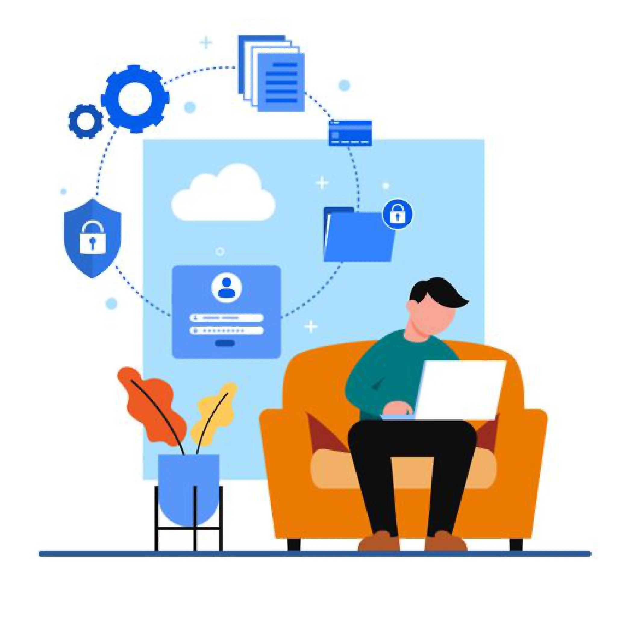 A person uses a laptop on an orange sofa beside security icons, login fields, cloud storage, and connected digital documents.
