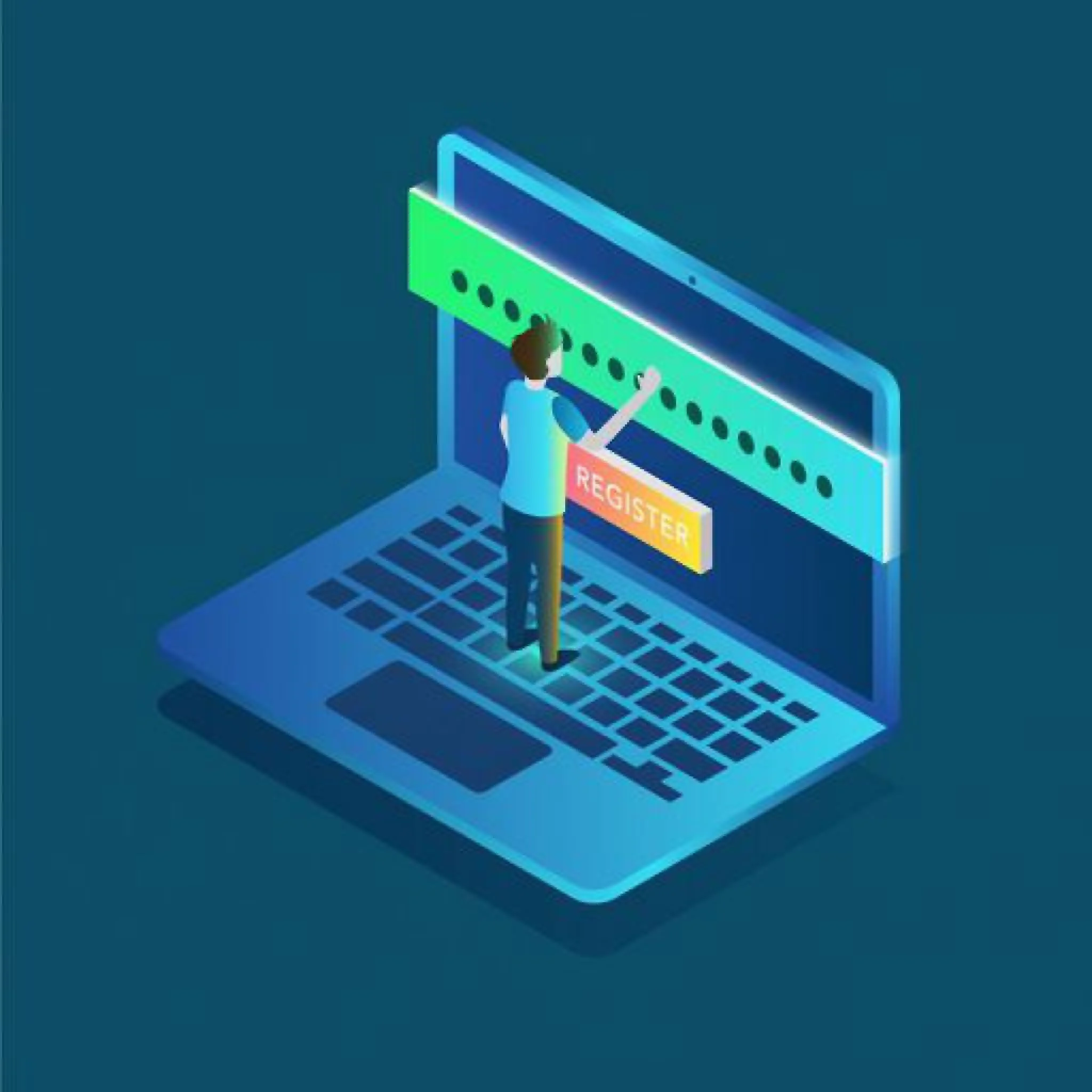 An illustrated person stands at a laptop registration screen, reaching toward a green form beside a colorful Register button.