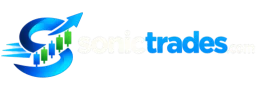 White SonicTrades.com logo with blue arrows, candlestick bars, and a circular market-trading symbol